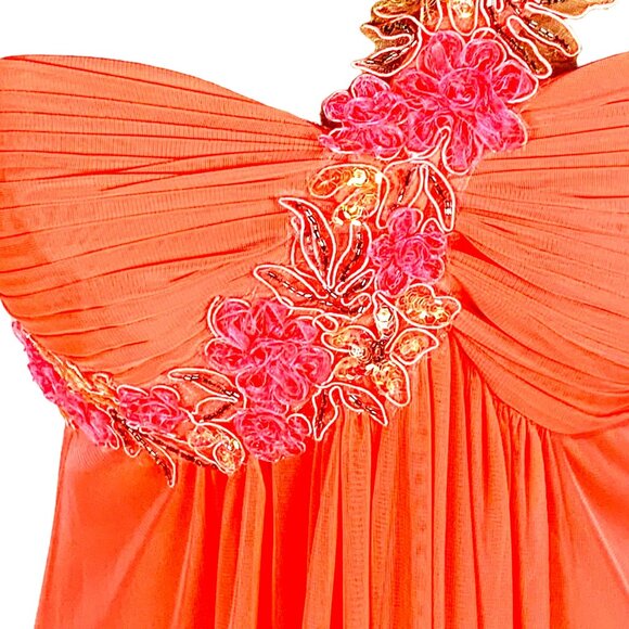 Xscape Asymmetrical Orange and Pink Embellished Gown - Picture 4 of 12